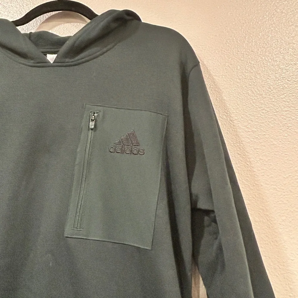 Adidas Fleece Hoodie Dark Green Zip Chest Pocket Pullover Men's Size Large‎ L